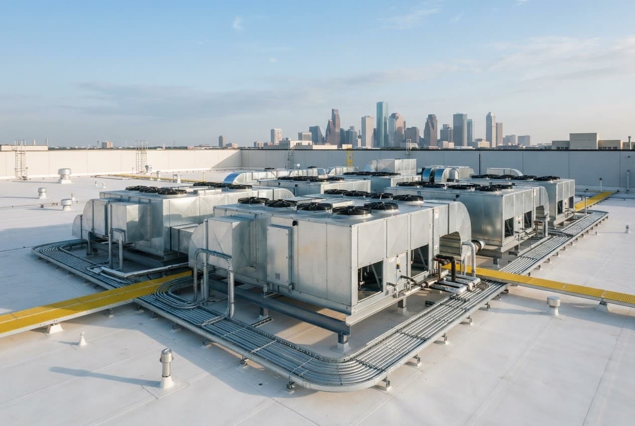 Commercial rooftop HVAC equipment overlooking Houston skyline