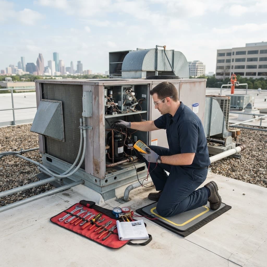 HVAC technician performing preventive maintenance on commercial rooftop unit