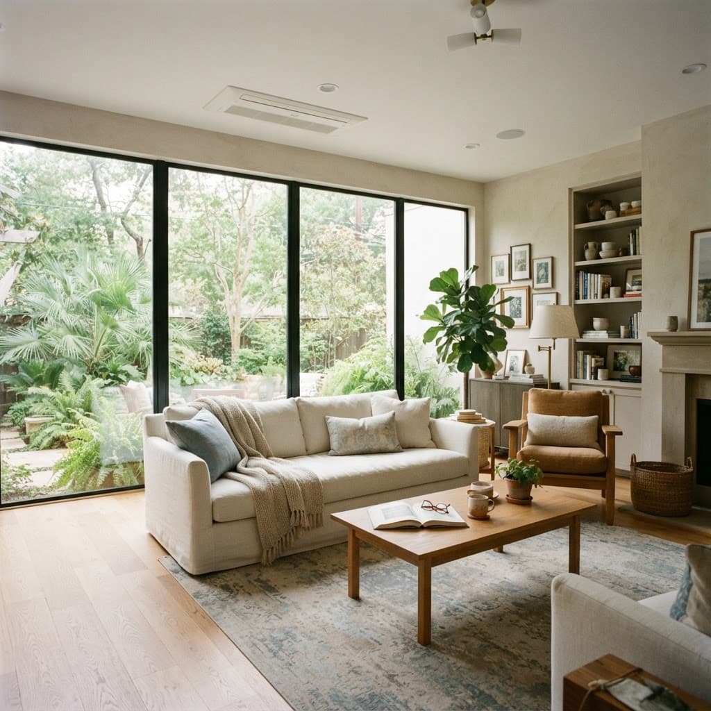 Bright, comfortable residential living room with clean air circulation