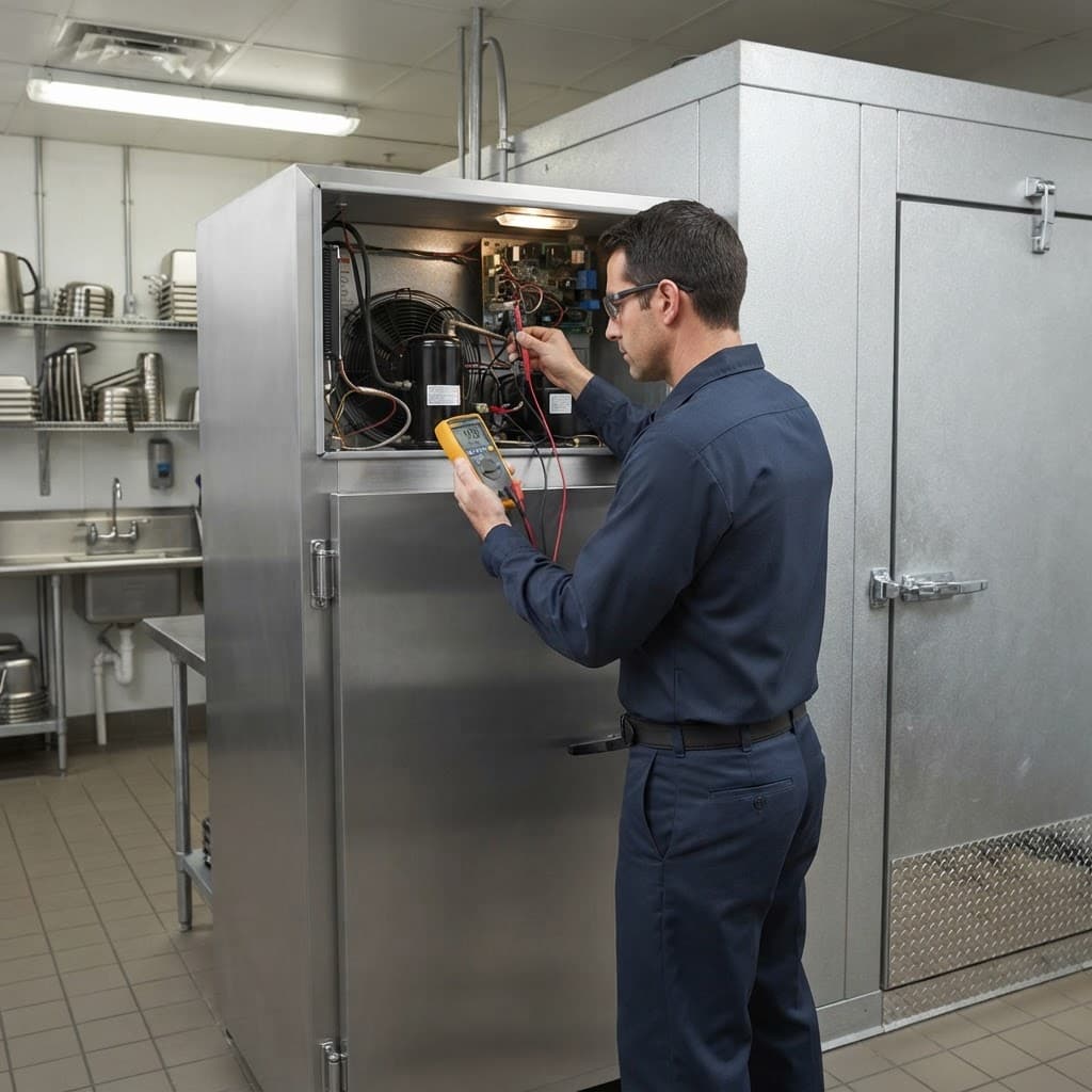 HVAC technician inspecting commercial refrigeration equipment