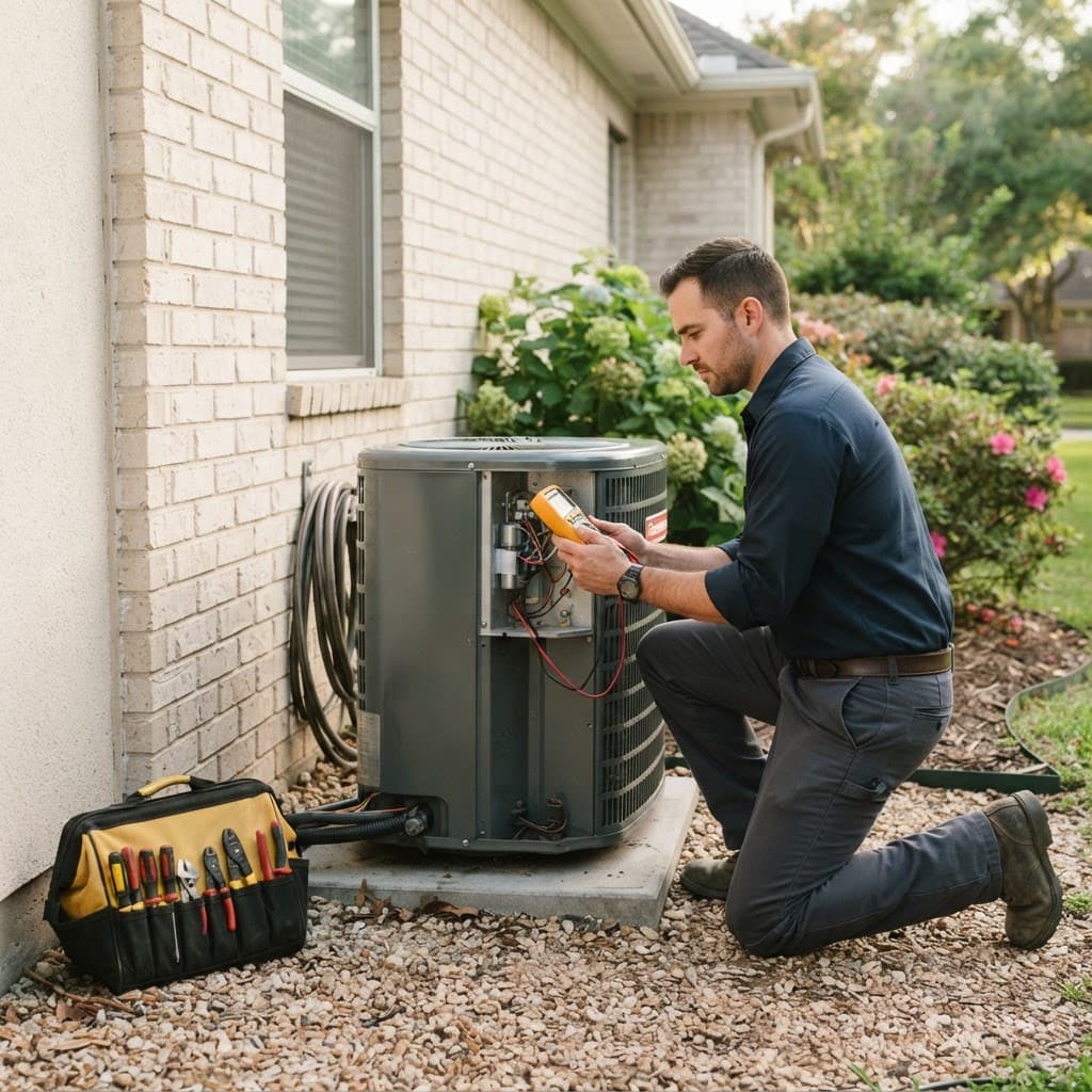 Technician servicing residential HVAC equipment